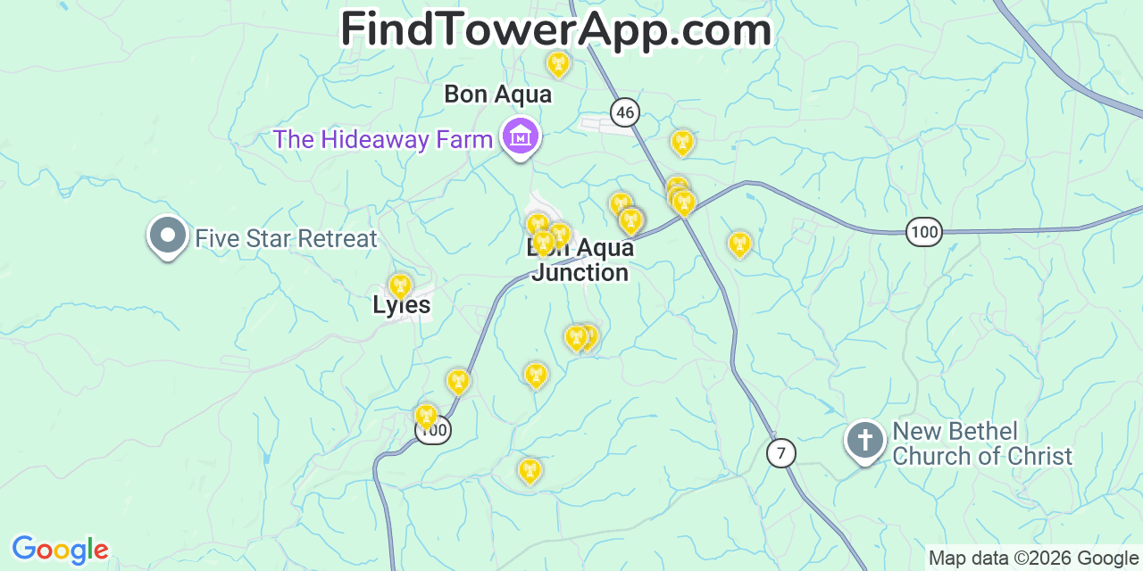 Map showing the 20 primary cell tower locations detected in Bon Aqua Junction, Tennessee from AT&T, Verizon, and T-Mobile networks
