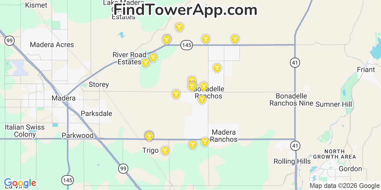 Map showing the 20 primary cell tower locations detected in Bonadelle Ranchos Madera Ranchos, California from AT&T, Verizon, and T-Mobile networks