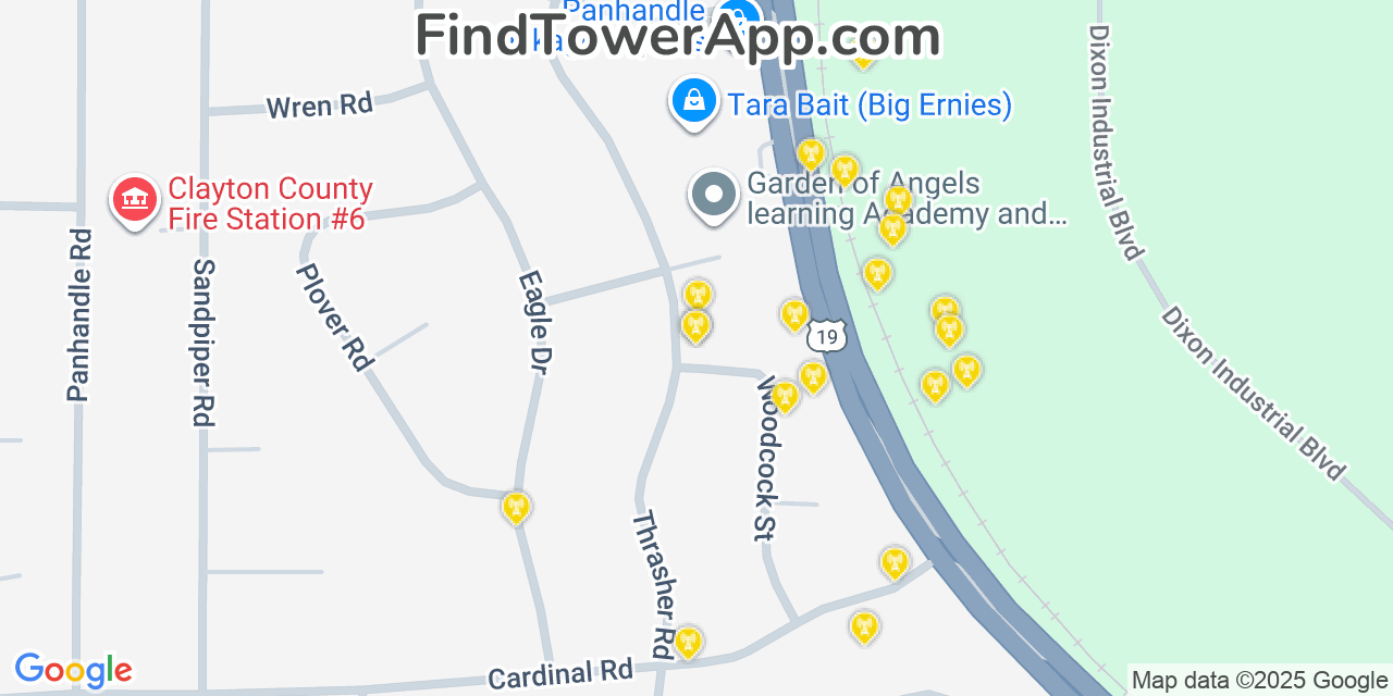 Map showing the 20 primary cell tower locations detected in Bonanza, Georgia from AT&T, Verizon, and T-Mobile networks