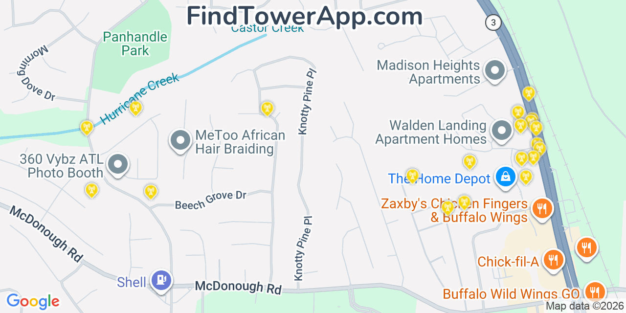 Map showing the 20 primary cell tower locations detected in Bonanza, Georgia from AT&T, Verizon, and T-Mobile networks
