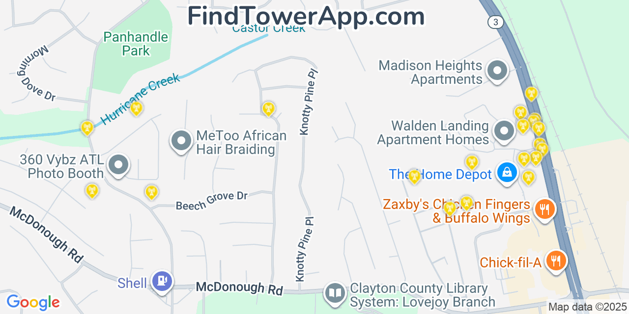 Map showing the 20 primary Mobitel cell tower locations detected in Bonanza, Georgia with coverage radius and signal strength indicators