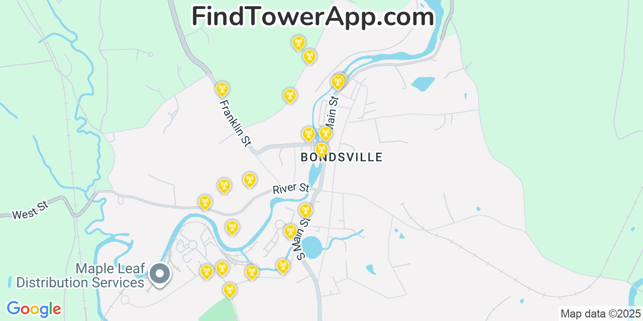 Map showing the 20 primary cell tower locations detected in Bondsville, Massachusetts from AT&T, Verizon, and T-Mobile networks