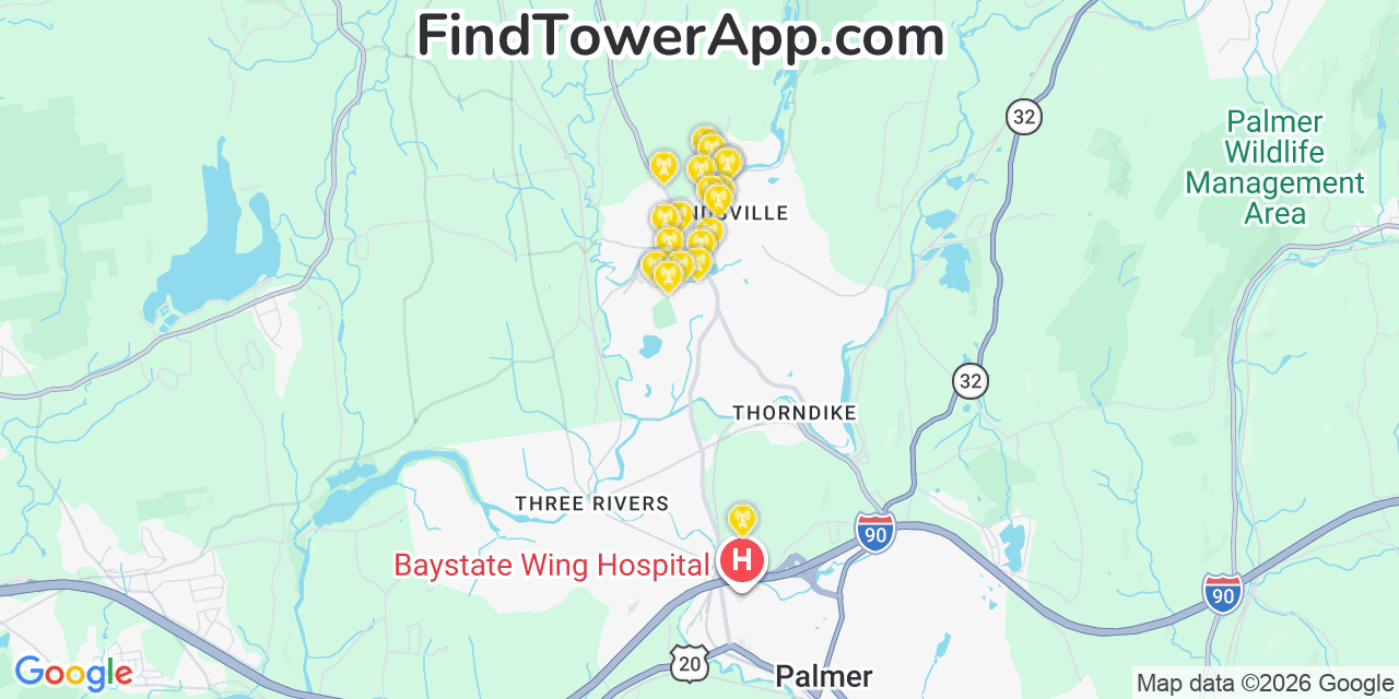 Map showing the 20 primary cell tower locations detected in Bondsville, Massachusetts from AT&T, Verizon, and T-Mobile networks