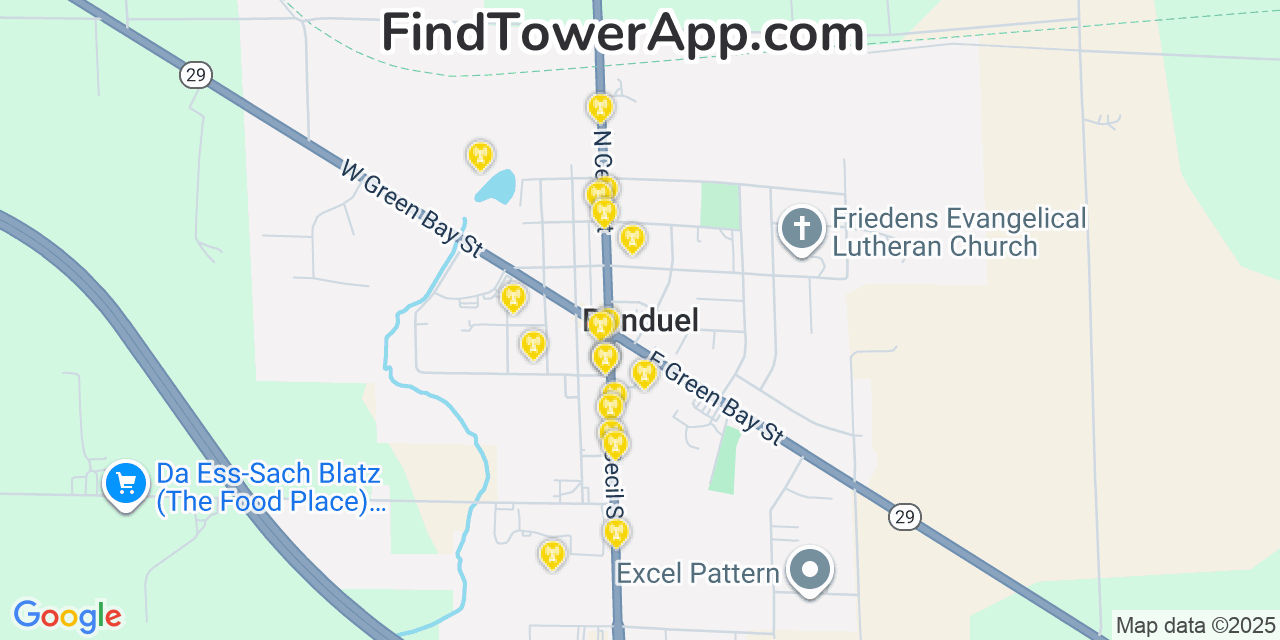 Map showing the 20 primary cell tower locations detected in Bonduel, Wisconsin from AT&T, Verizon, and T-Mobile networks