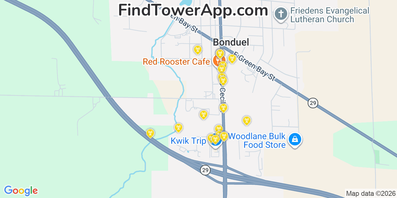 Map showing the 20 primary cell tower locations detected in Bonduel, Wisconsin from AT&T, Verizon, and T-Mobile networks