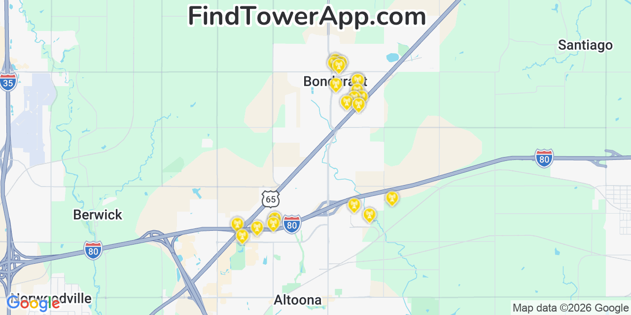 Map showing the 20 primary cell tower locations detected in Bondurant, Iowa from AT&T, Verizon, and T-Mobile networks