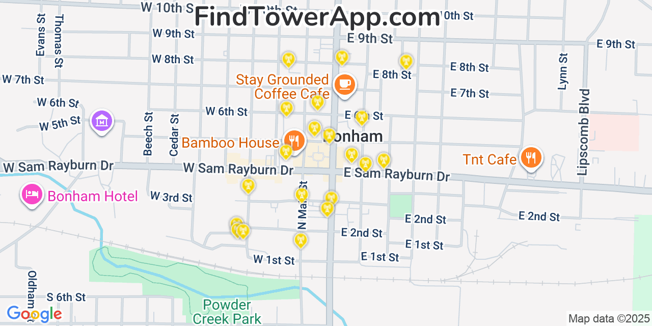 Map showing the 20 primary cell tower locations detected in Bonham, Texas from AT&T, Verizon, and T-Mobile networks