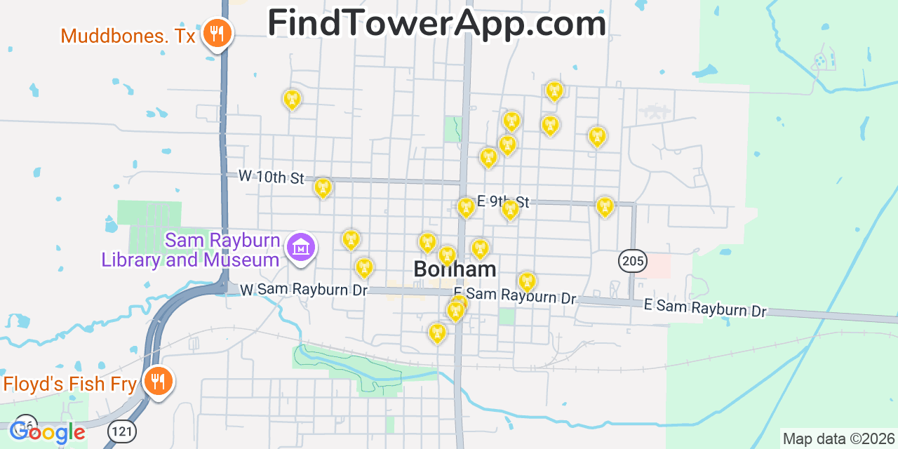 Map showing the 20 primary cell tower locations detected in Bonham, Texas from AT&T, Verizon, and T-Mobile networks