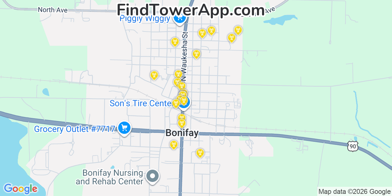 Map showing the 20 primary cell tower locations detected in Bonifay, Florida from AT&T, Verizon, and T-Mobile networks