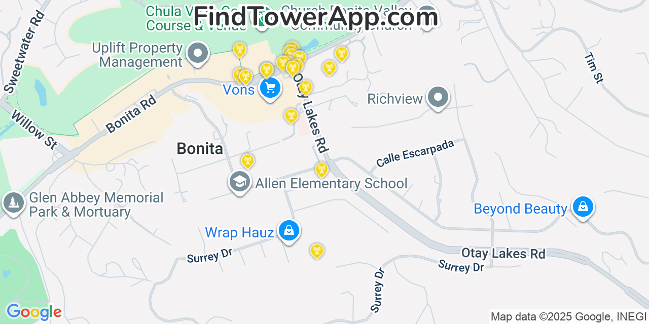 Map showing the 20 primary cell tower locations detected in Bonita, California from AT&T, Verizon, and T-Mobile networks