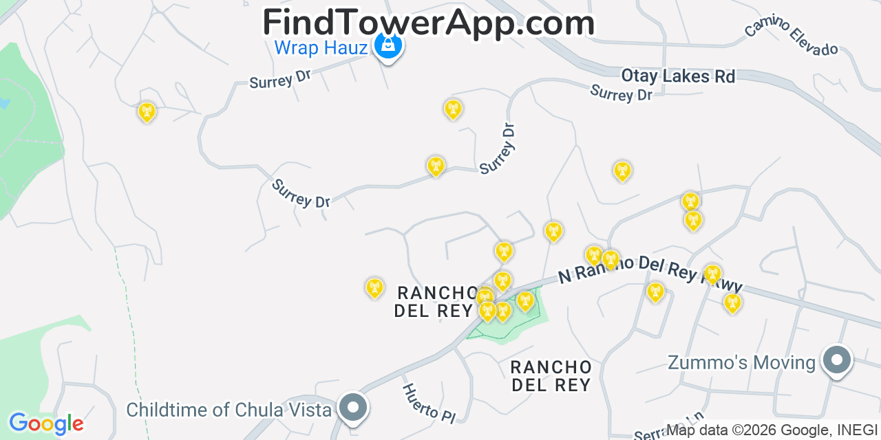 Map showing the 20 primary cell tower locations detected in Bonita, California from AT&T, Verizon, and T-Mobile networks