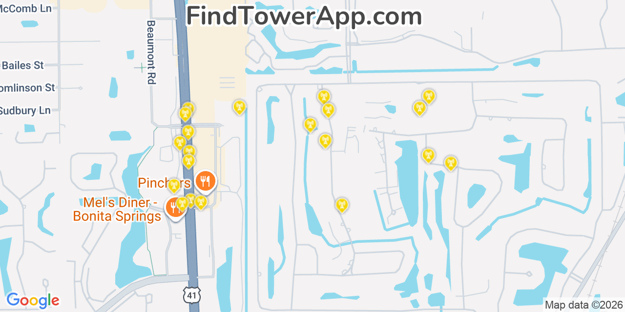 Map showing the 20 primary cell tower locations detected in Bonita Springs, Florida from AT&T, Verizon, and T-Mobile networks