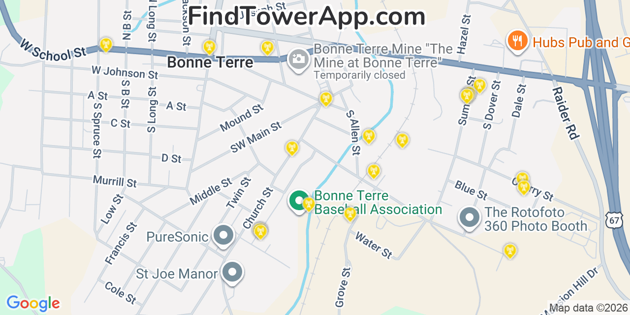 Map showing the 20 primary cell tower locations detected in Bonne Terre, Missouri from AT&T, Verizon, and T-Mobile networks