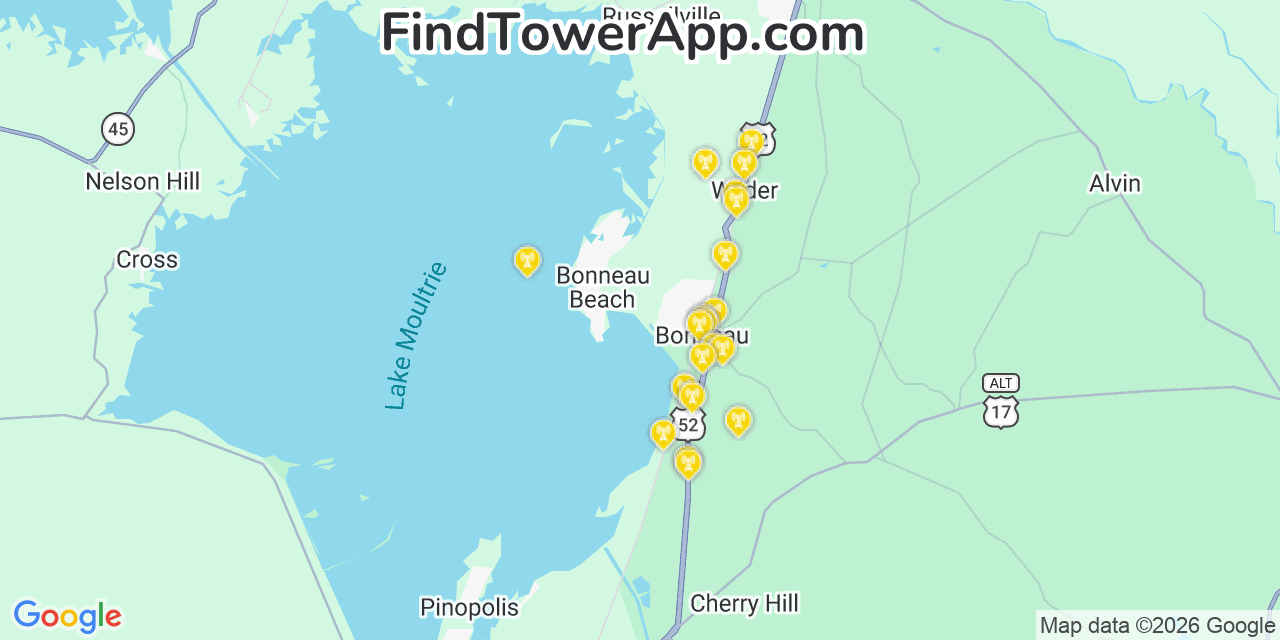 Map showing the 20 primary cell tower locations detected in Bonneau Beach, South Carolina from AT&T, Verizon, and T-Mobile networks