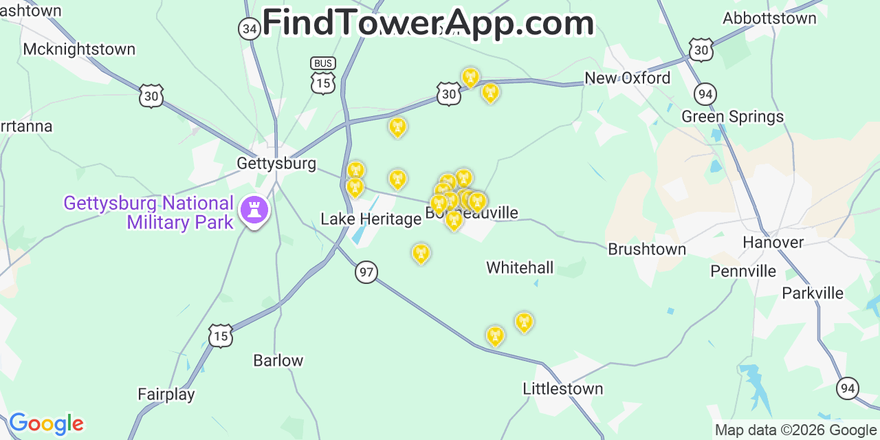 Map showing the 20 primary cell tower locations detected in Bonneauville, Pennsylvania from AT&T, Verizon, and T-Mobile networks