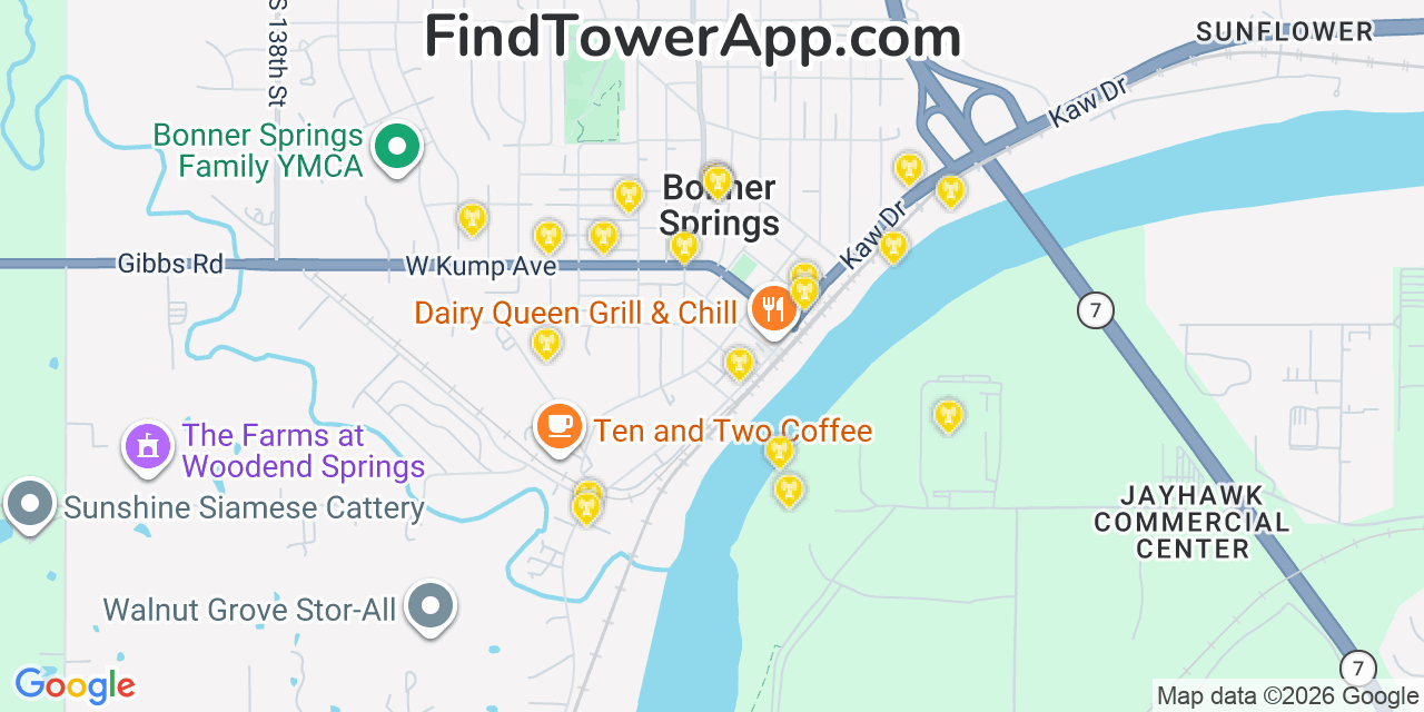 Map showing the 20 primary cell tower locations detected in Bonner Springs, Kansas from AT&T, Verizon, and T-Mobile networks