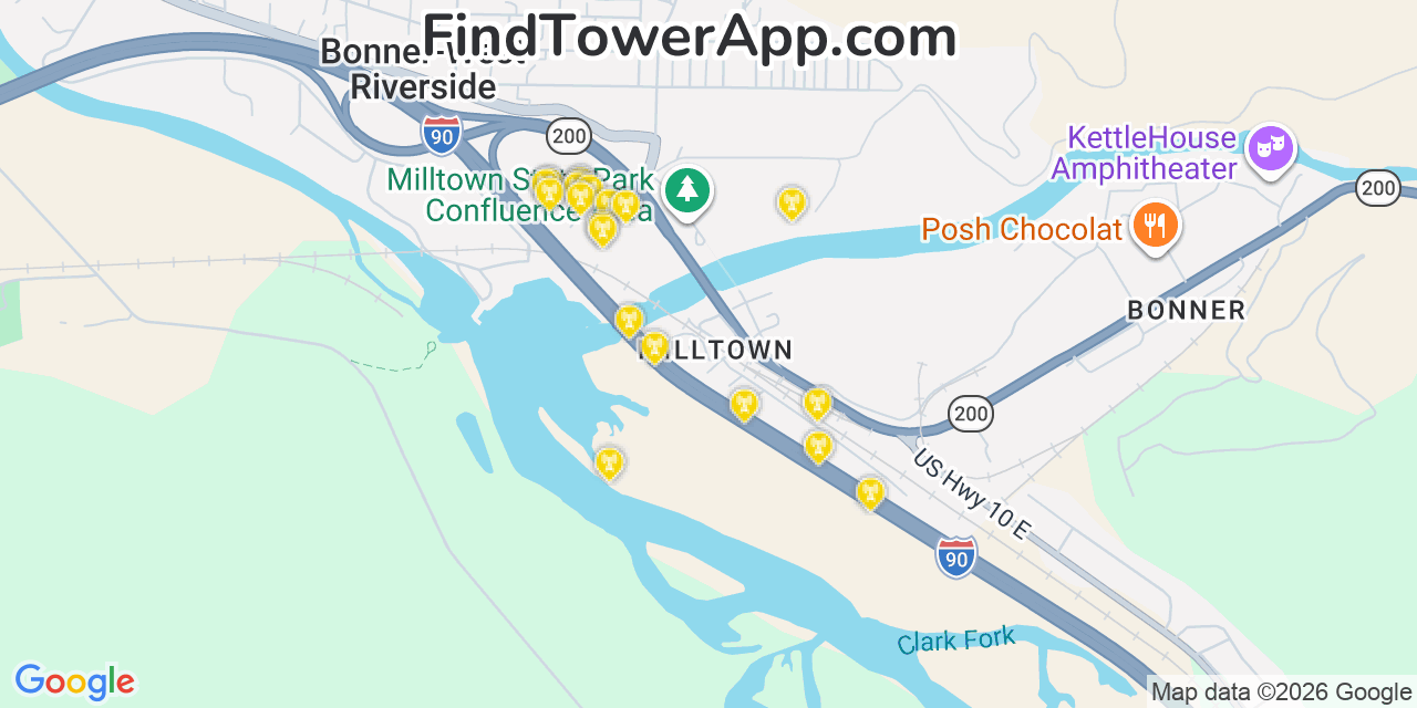 Map showing the 20 primary cell tower locations detected in Bonner West Riverside, Montana from AT&T, Verizon, and T-Mobile networks