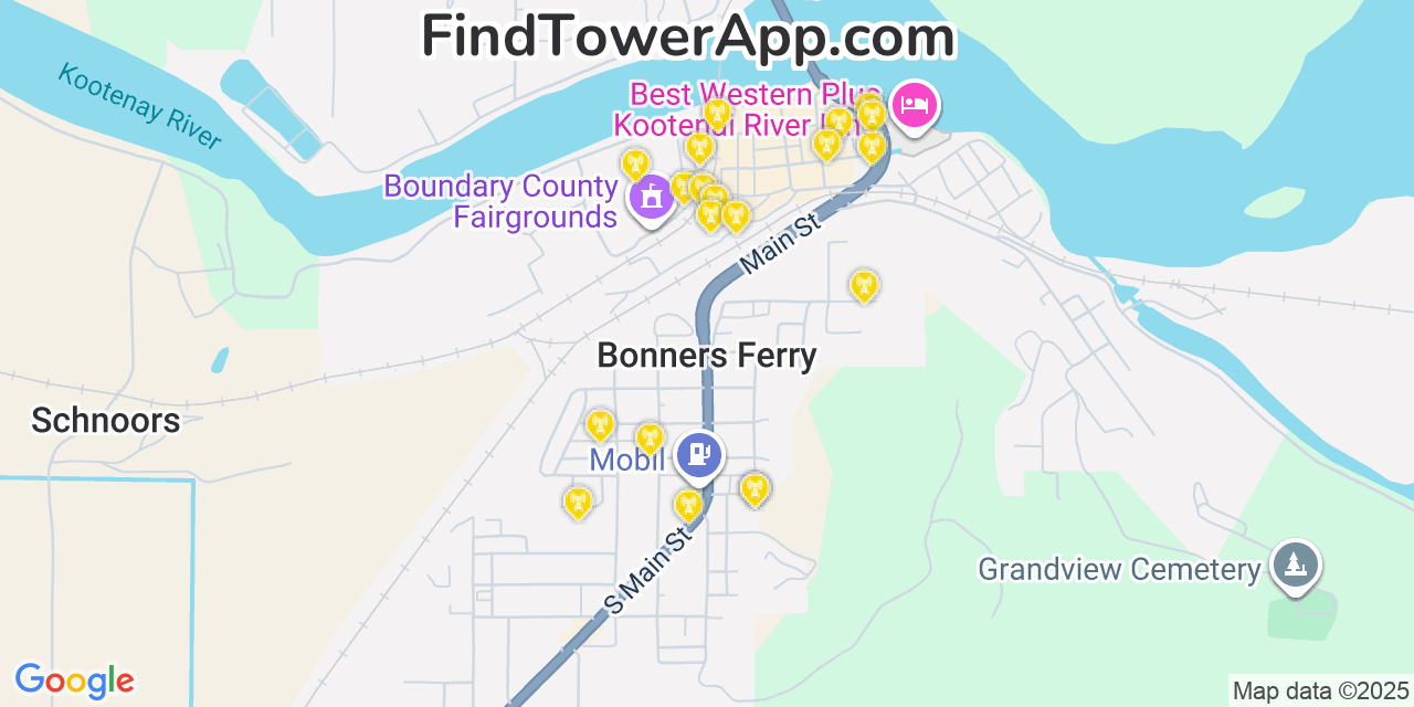 Map showing the 20 primary cell tower locations detected in Bonners Ferry, Idaho from AT&T, Verizon, and T-Mobile networks