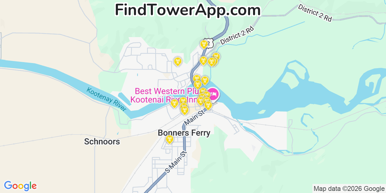 Map showing the 20 primary cell tower locations detected in Bonners Ferry, Idaho from AT&T, Verizon, and T-Mobile networks