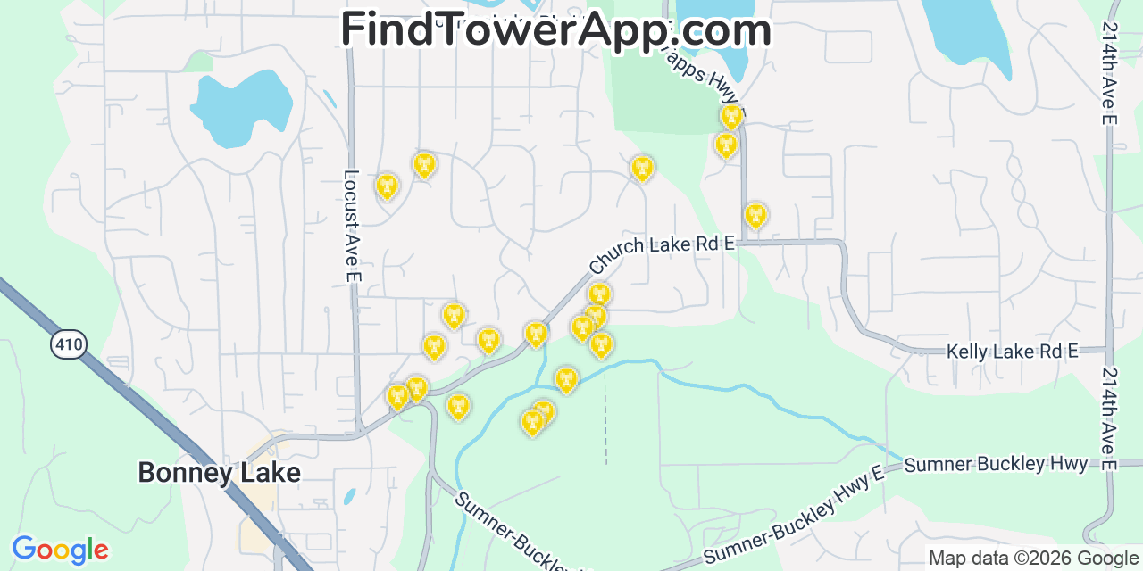 Map showing the 20 primary cell tower locations detected in Bonney Lake, Washington from AT&T, Verizon, and T-Mobile networks