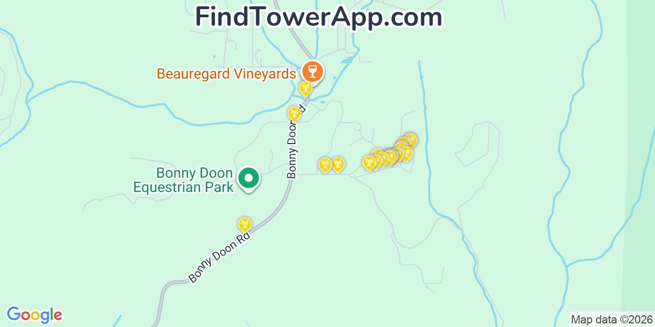 Map showing the 20 primary cell tower locations detected in Bonny Doon, California from AT&T, Verizon, and T-Mobile networks