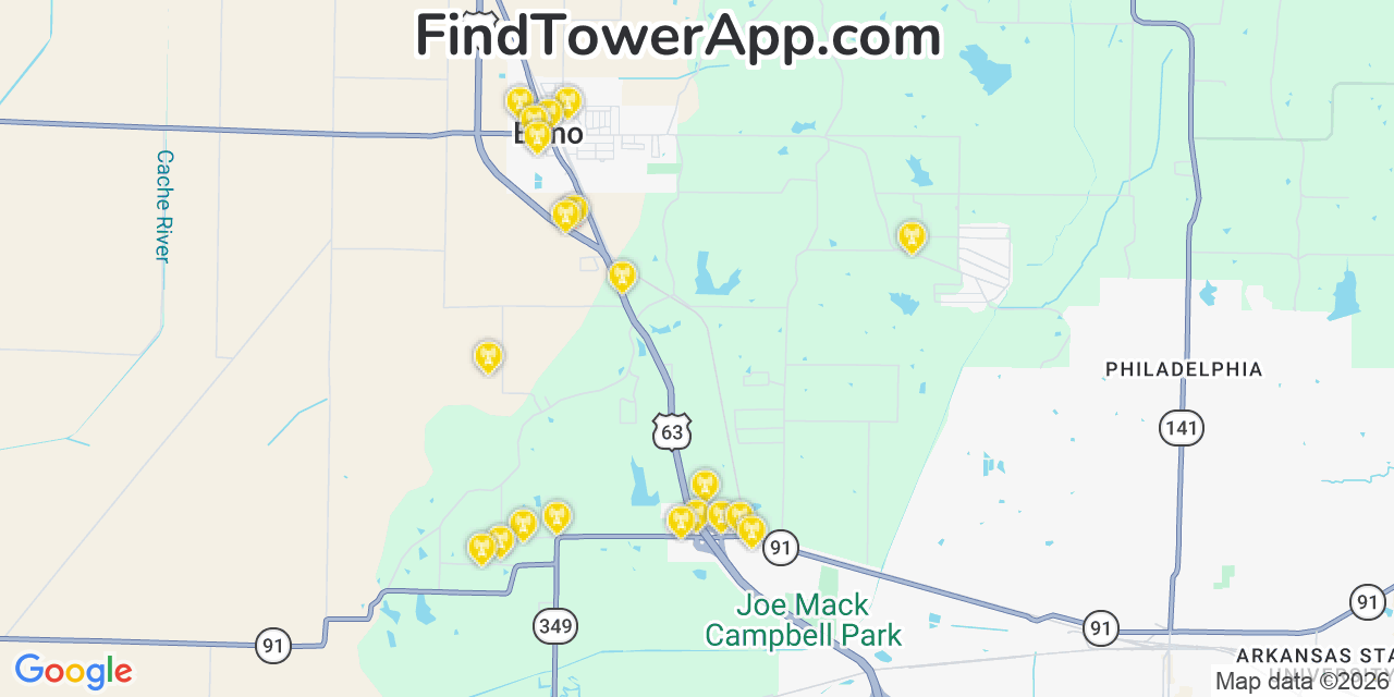 Map showing the 20 primary cell tower locations detected in Bono, Arkansas from AT&T, Verizon, and T-Mobile networks