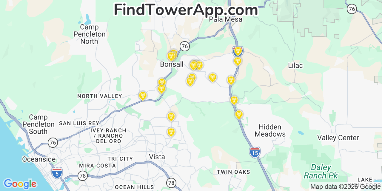 Map showing the 20 primary cell tower locations detected in Bonsall, California from AT&T, Verizon, and T-Mobile networks