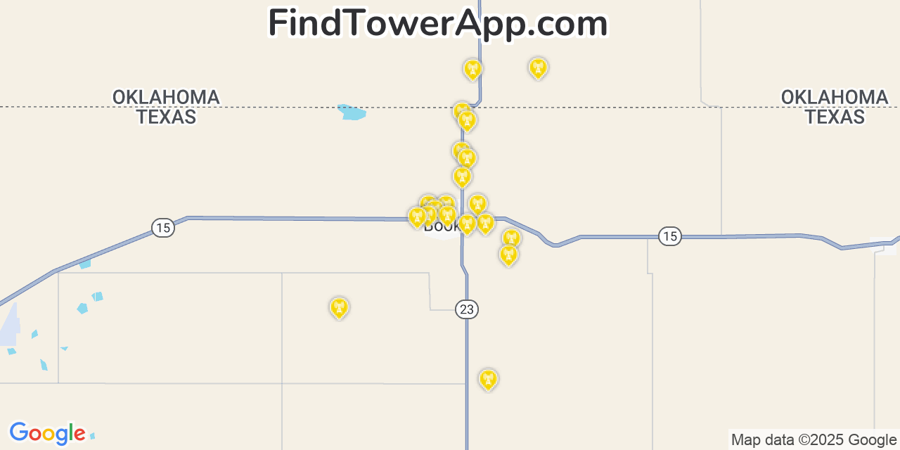 Map showing the 20 primary cell tower locations detected in Booker, Texas from AT&T, Verizon, and T-Mobile networks