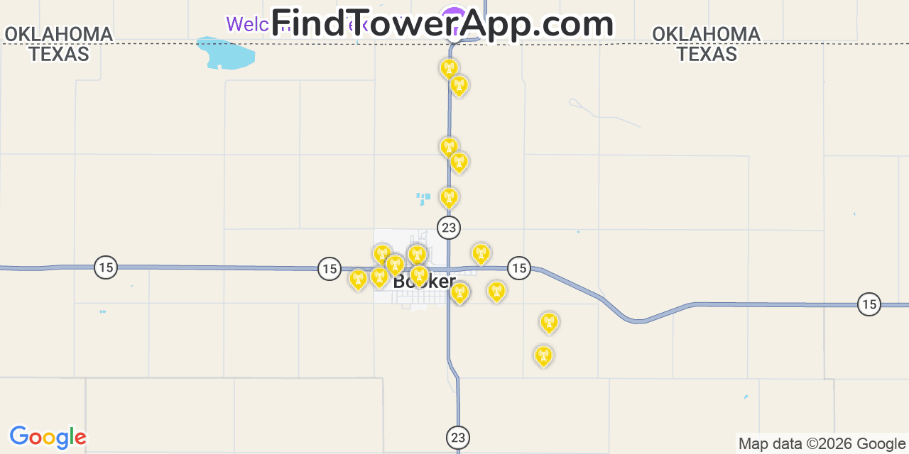 Map showing the 20 primary cell tower locations detected in Booker, Texas from AT&T, Verizon, and T-Mobile networks