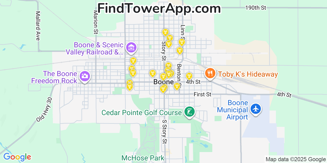 Map showing the 20 primary cell tower locations detected in Boone, Iowa from AT&T, Verizon, and T-Mobile networks