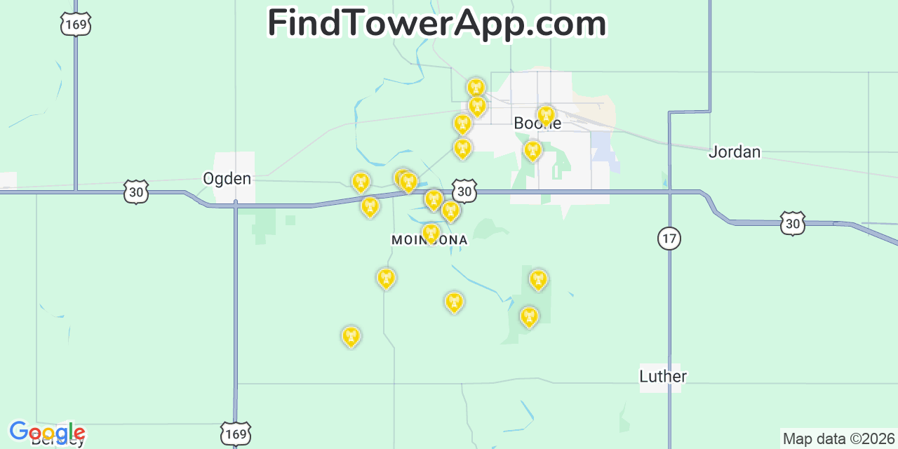 Map showing the 20 primary cell tower locations detected in Boone, Iowa from AT&T, Verizon, and T-Mobile networks