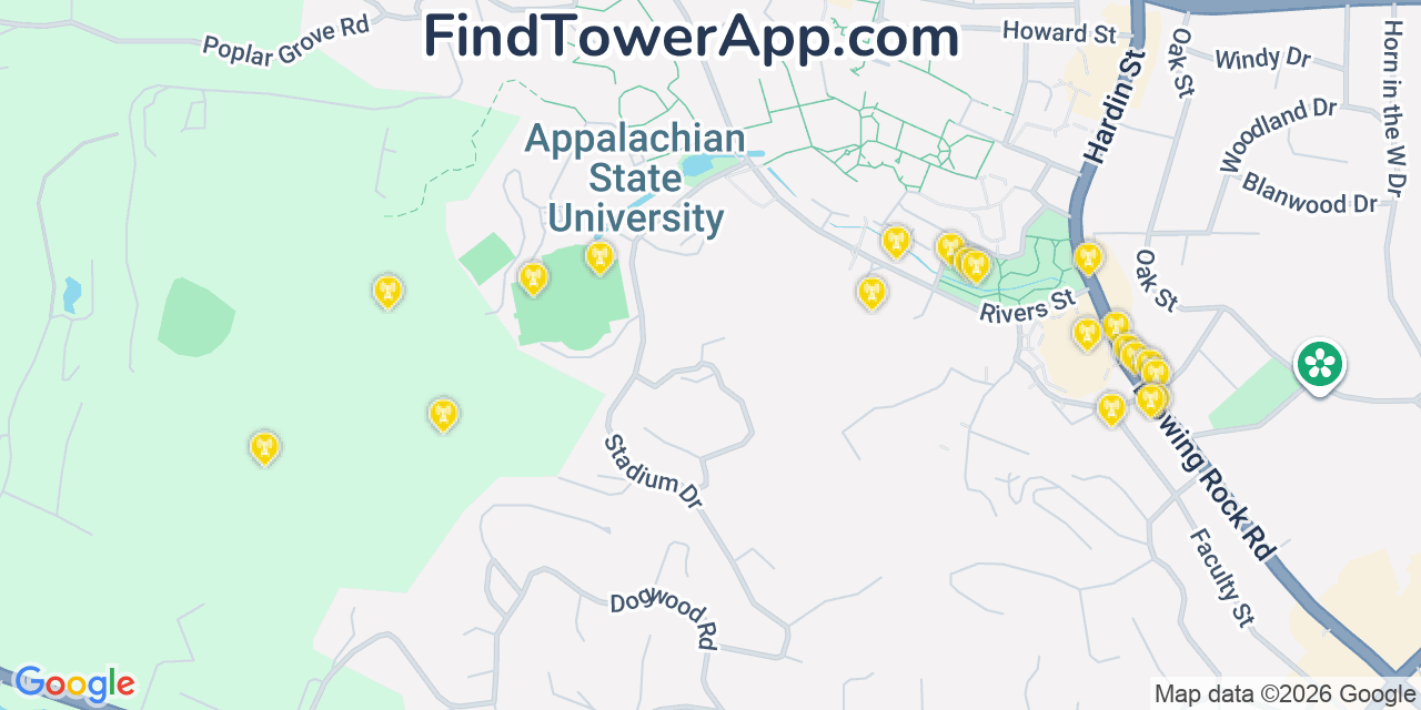 Map showing the 20 primary cell tower locations detected in Boone, North Carolina from AT&T, Verizon, and T-Mobile networks