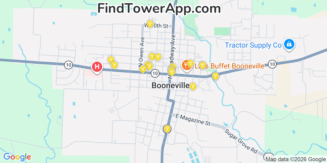 Map showing the 20 primary cell tower locations detected in Booneville, Arkansas from AT&T, Verizon, and T-Mobile networks