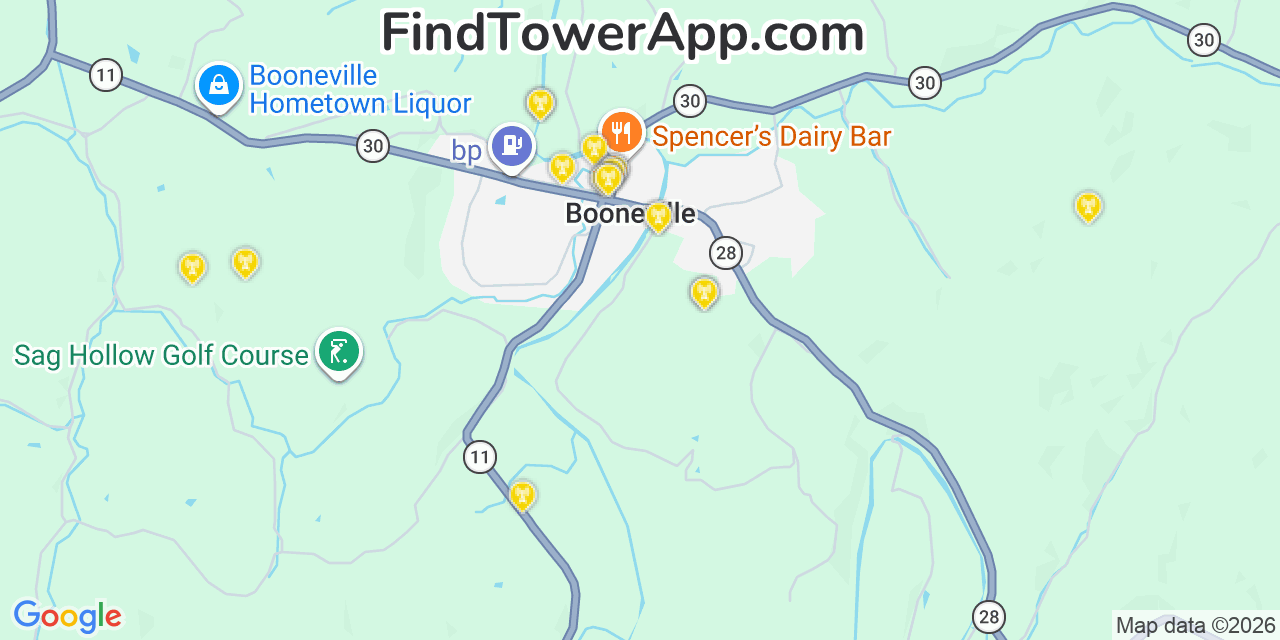 Map showing the 20 primary cell tower locations detected in Booneville, Kentucky from AT&T, Verizon, and T-Mobile networks