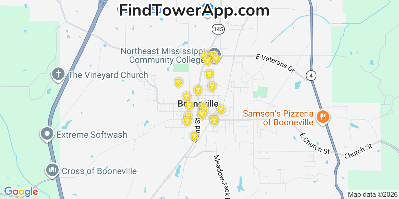 Map showing the 20 primary cell tower locations detected in Booneville, Mississippi from AT&T, Verizon, and T-Mobile networks