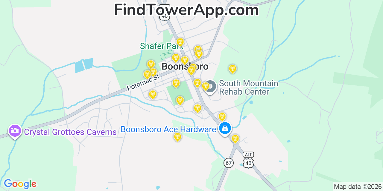 Map showing the 20 primary cell tower locations detected in Boonsboro, Maryland from AT&T, Verizon, and T-Mobile networks