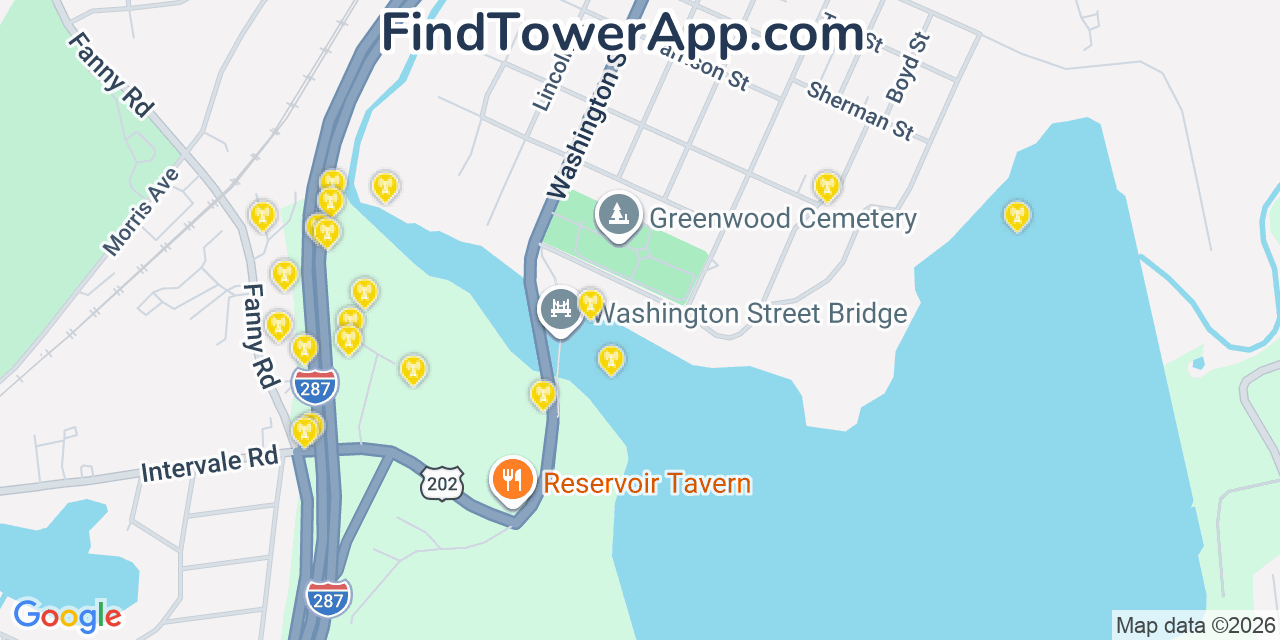 Map showing the 20 primary cell tower locations detected in Boonton, New Jersey from AT&T, Verizon, and T-Mobile networks