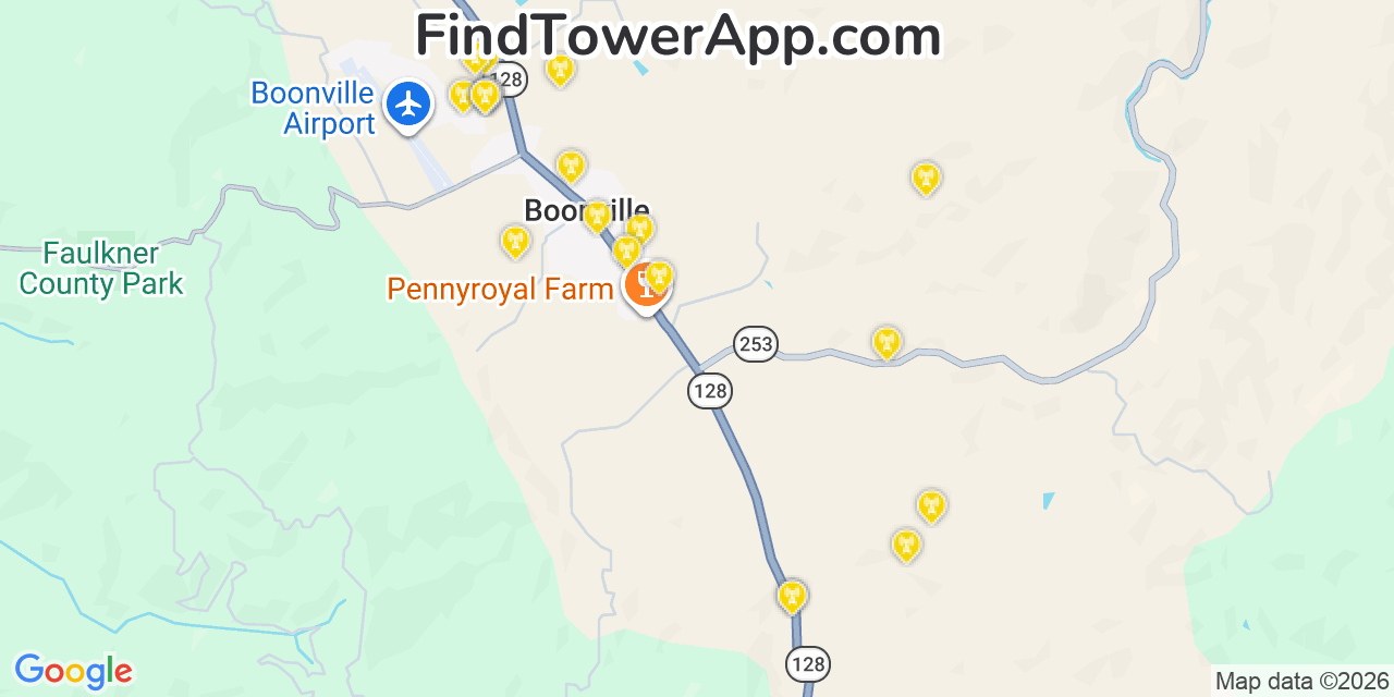 Map showing the 20 primary cell tower locations detected in Boonville, California from AT&T, Verizon, and T-Mobile networks