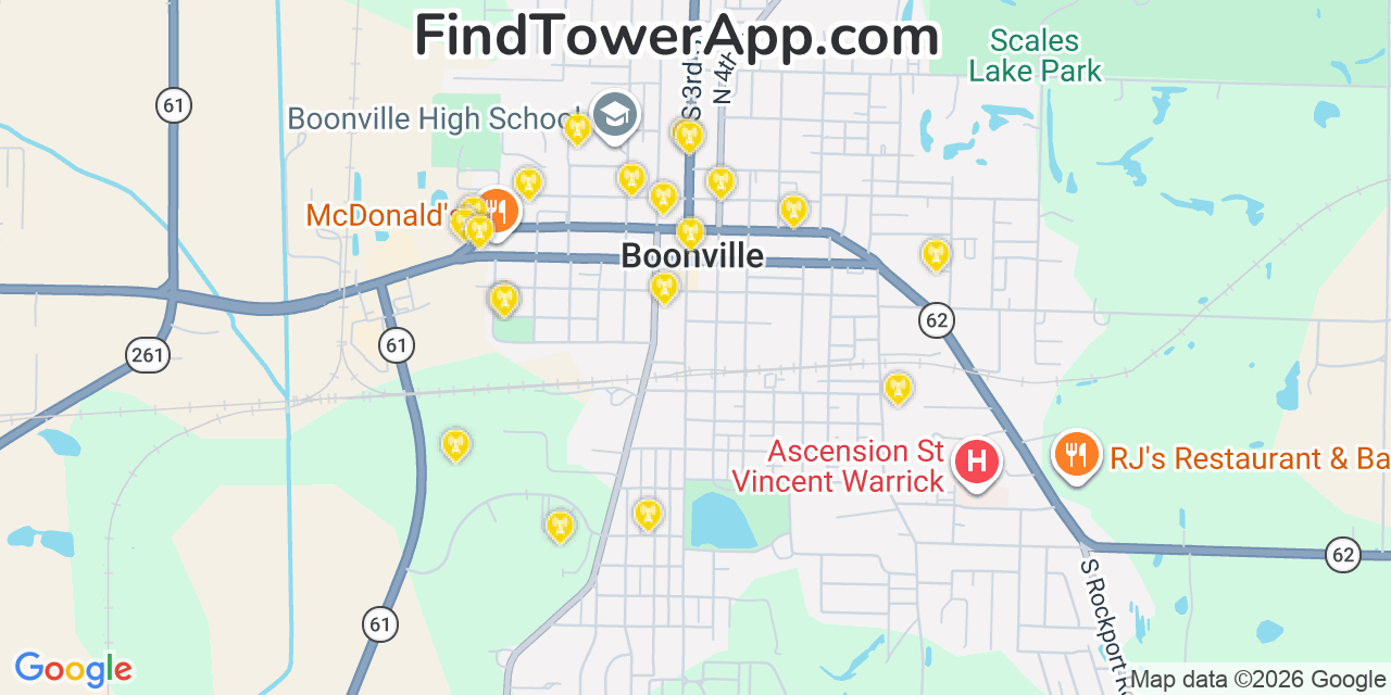 Map showing the 20 primary cell tower locations detected in Boonville, Indiana from AT&T, Verizon, and T-Mobile networks
