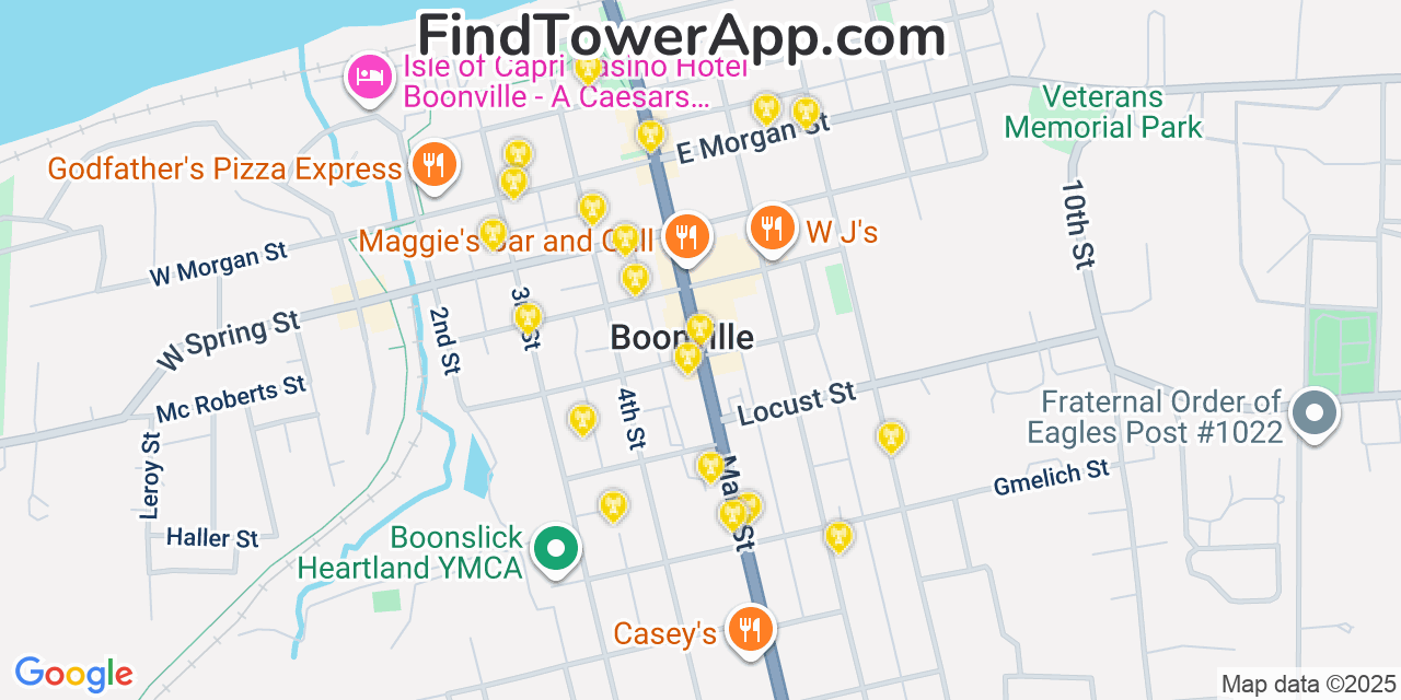 Map showing the 20 primary cell tower locations detected in Boonville, Missouri from AT&T, Verizon, and T-Mobile networks