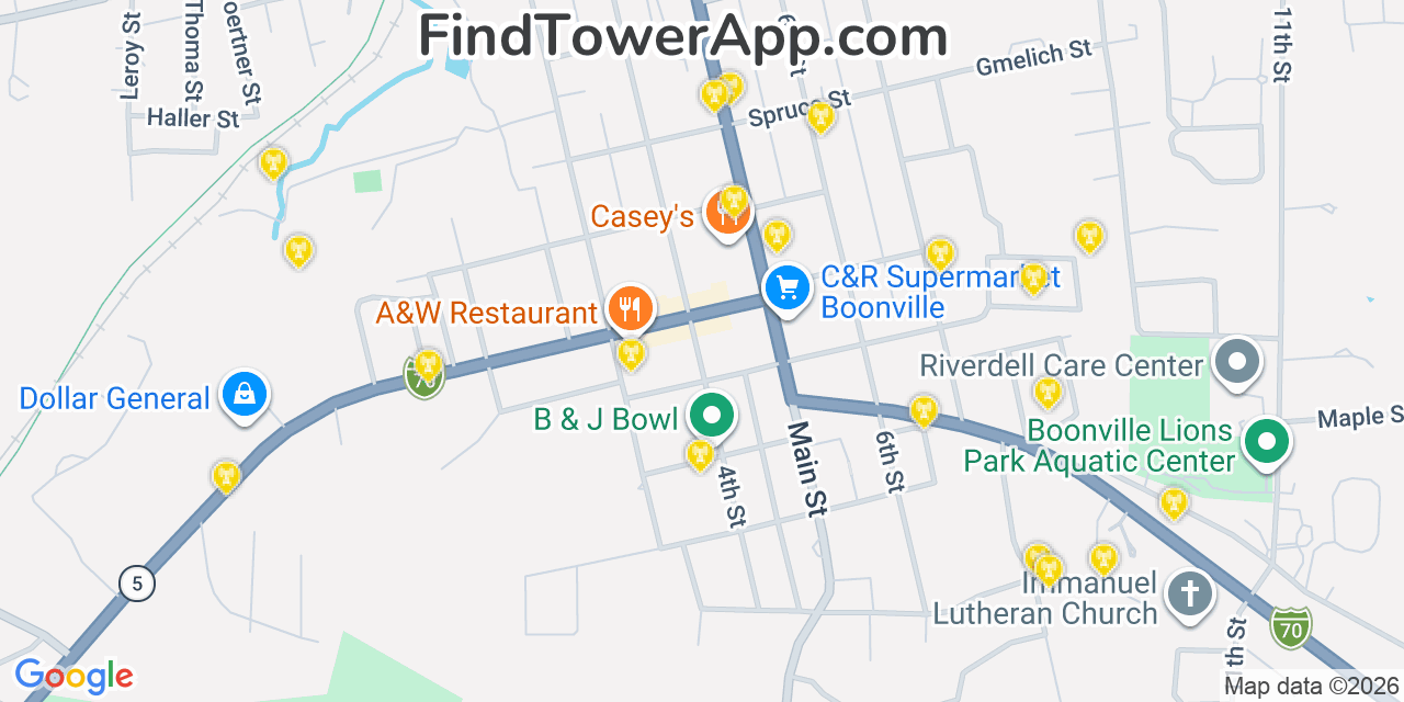 Map showing the 20 primary cell tower locations detected in Boonville, Missouri from AT&T, Verizon, and T-Mobile networks