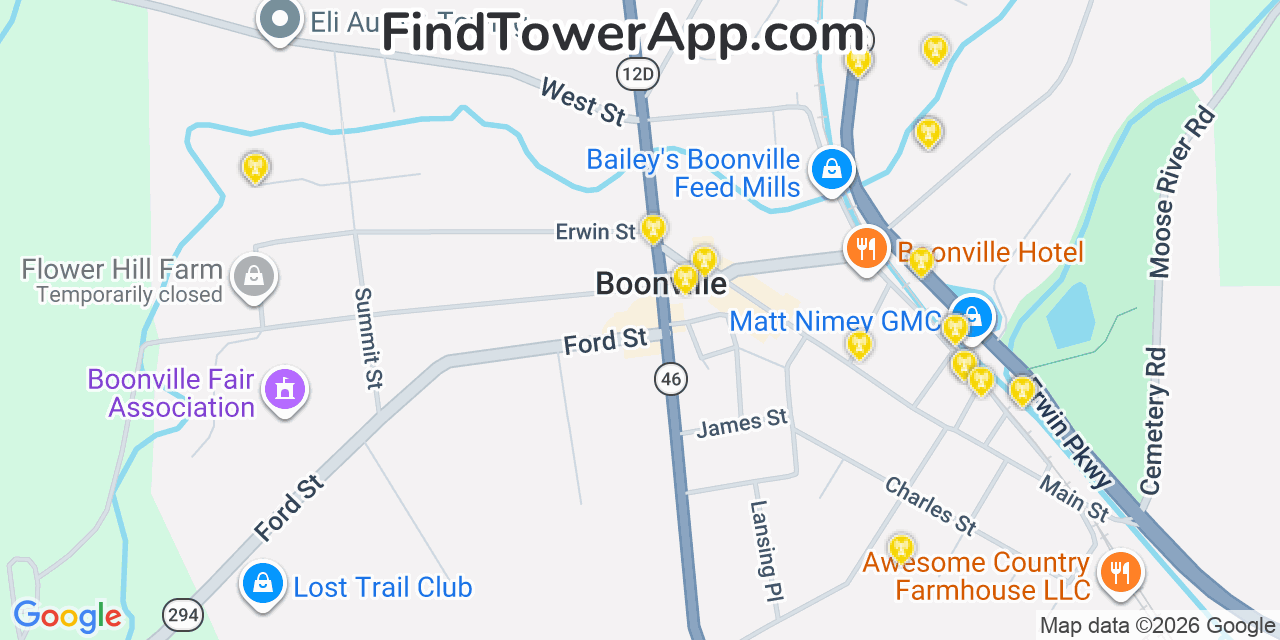 Map showing the 20 primary cell tower locations detected in Boonville, New York from AT&T, Verizon, and T-Mobile networks