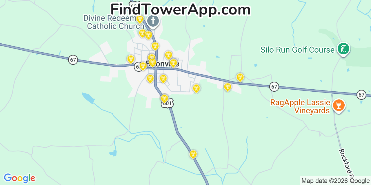 Map showing the 20 primary cell tower locations detected in Boonville, North Carolina from AT&T, Verizon, and T-Mobile networks