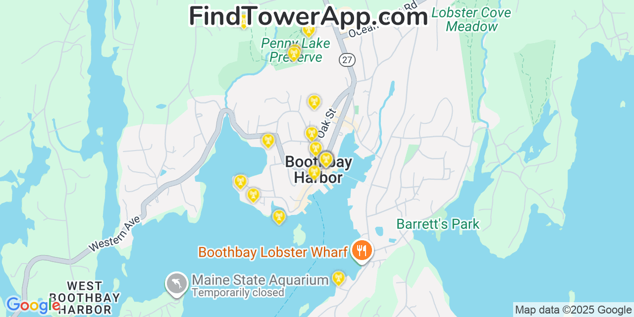 Map showing the 20 primary cell tower locations detected in Boothbay Harbor, Maine from AT&T, Verizon, and T-Mobile networks