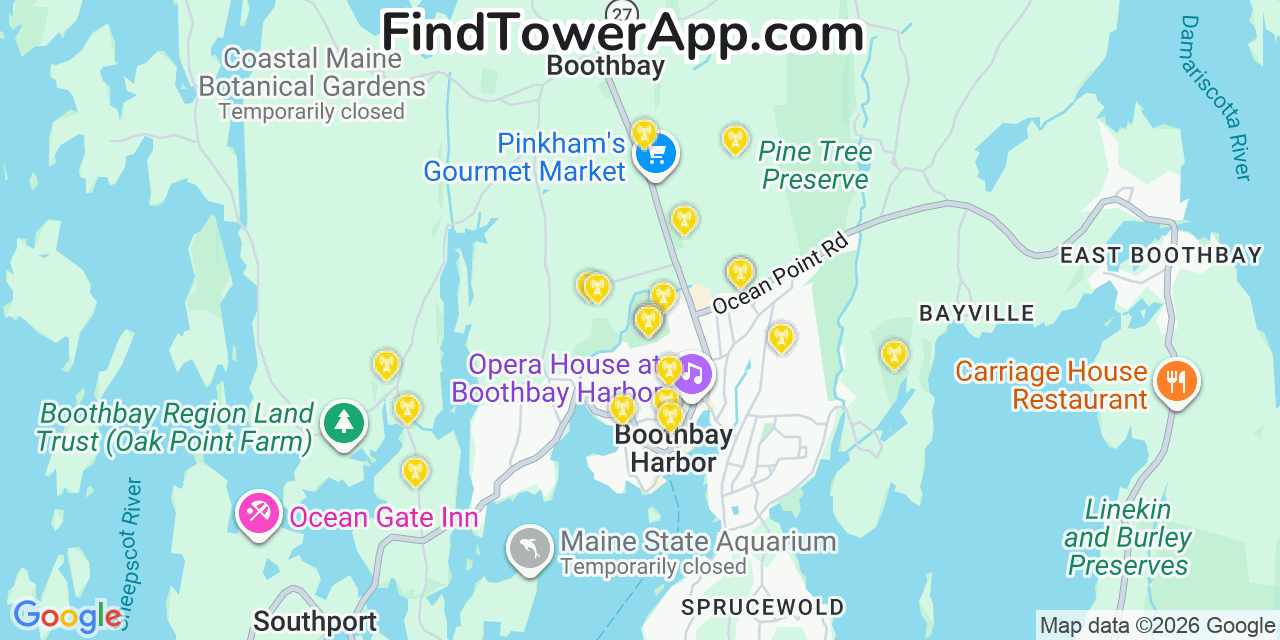 Map showing the 20 primary cell tower locations detected in Boothbay Harbor, Maine from AT&T, Verizon, and T-Mobile networks
