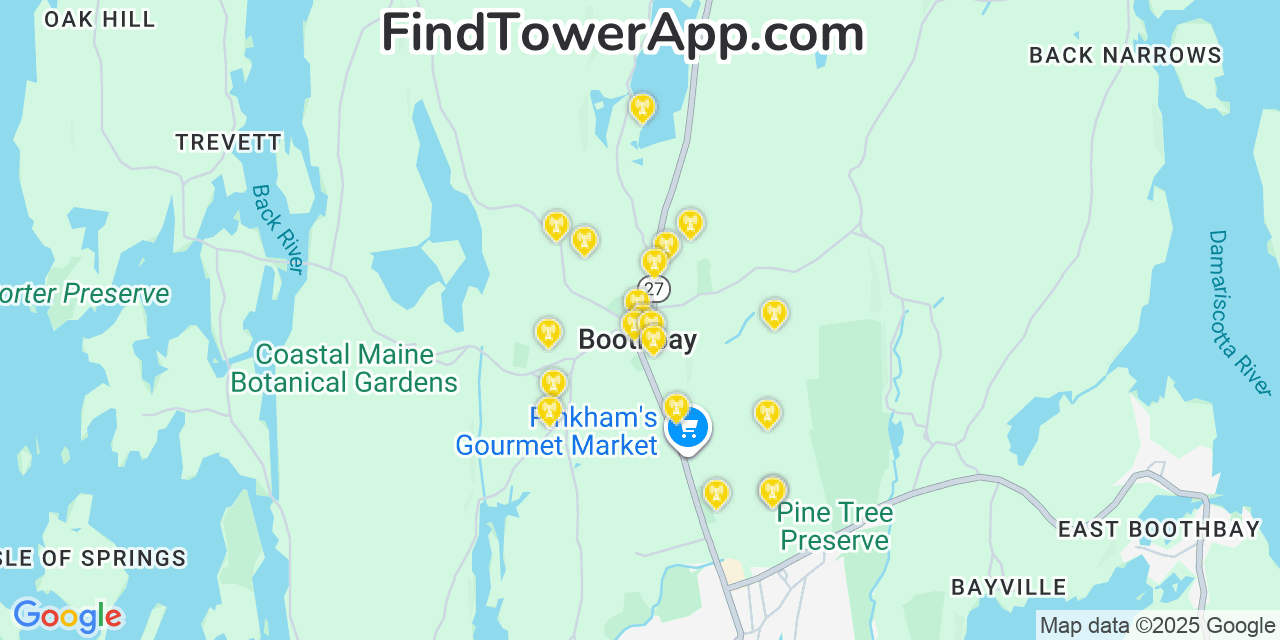 Map showing the 20 primary cell tower locations detected in Boothbay, Maine from AT&T, Verizon, and T-Mobile networks