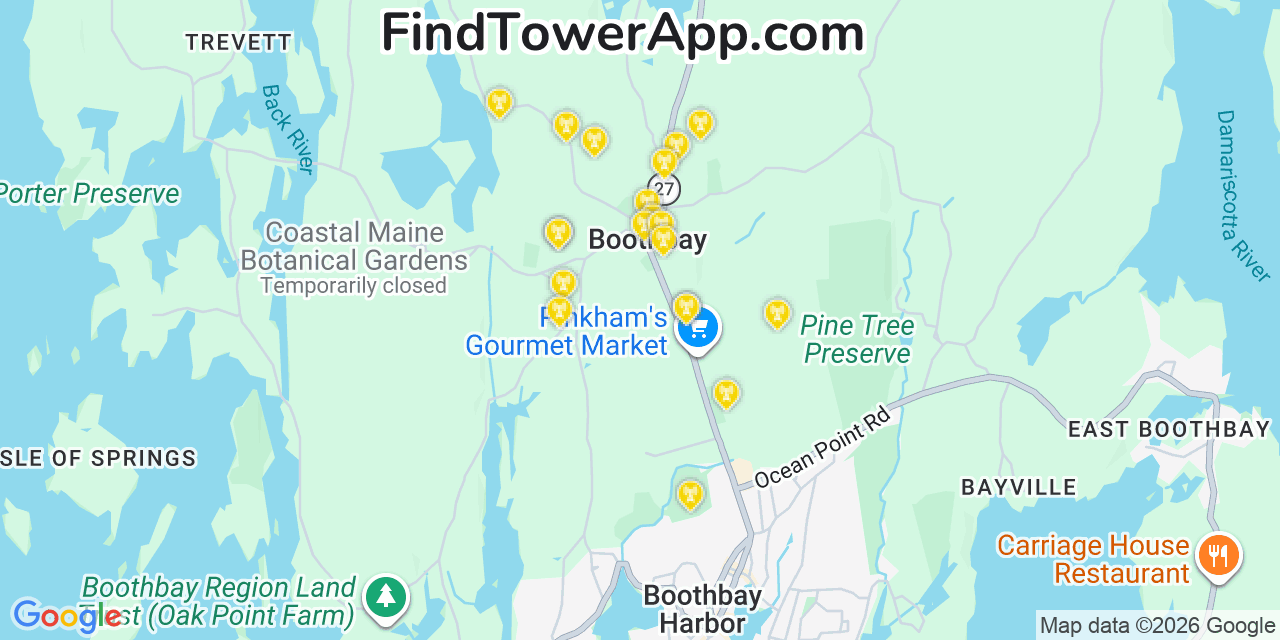 Map showing the 20 primary cell tower locations detected in Boothbay, Maine from AT&T, Verizon, and T-Mobile networks