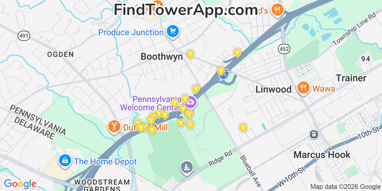 Map showing the 20 primary cell tower locations detected in Boothwyn, Pennsylvania from AT&T, Verizon, and T-Mobile networks