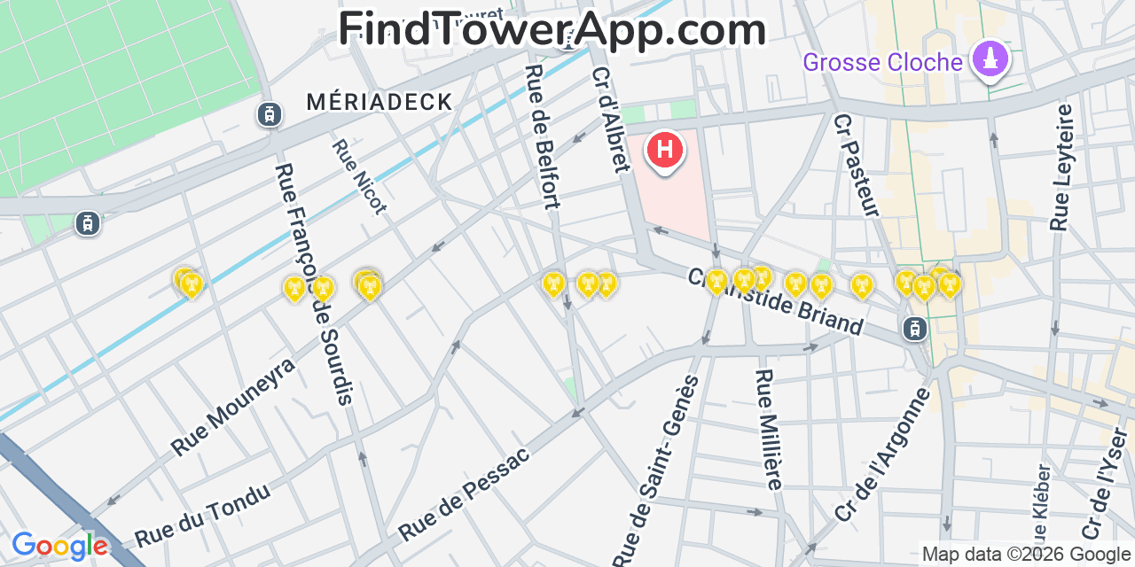 Map showing the 20 primary Verizon cell tower locations detected in Bordeaux, France0