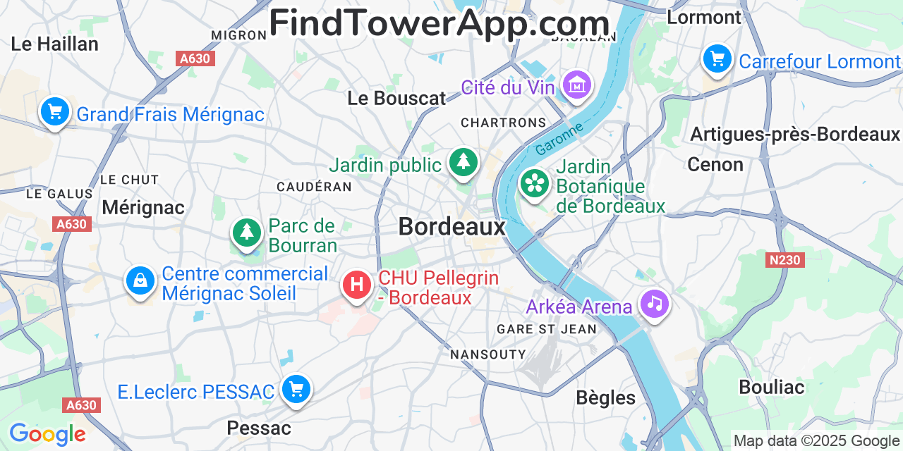 Map showing the 0 primary Iliad cell tower locations detected in Bordeaux, France with coverage radius and signal strength indicators
